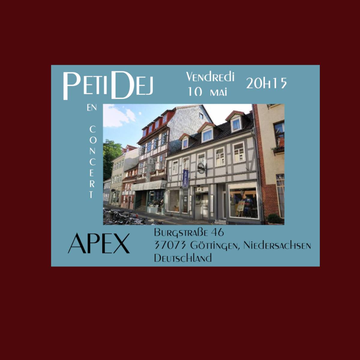 Le 10 mai 2024,Concert pour la deuxième année consécutive à Göttingen et toujours à APEX, lieu culturel incontournable de cette belle ville.